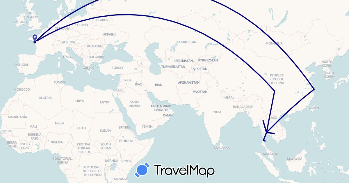 TravelMap itinerary: driving in China, France, Cambodia, Thailand (Asia, Europe)